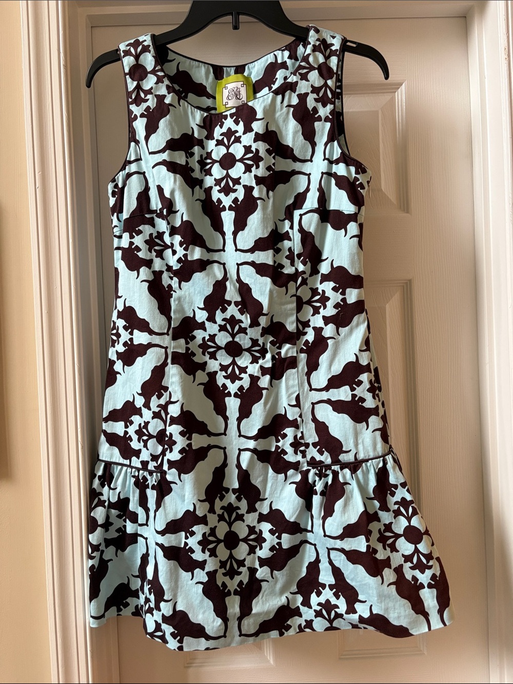 Elizabeth McKay Light Blue & Brown Sleeveless Patterned Ruffle-Hem Dress